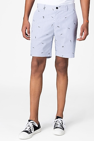 White & Blue Pinstriped Shorts by Genes Lecoanet Hemant Men