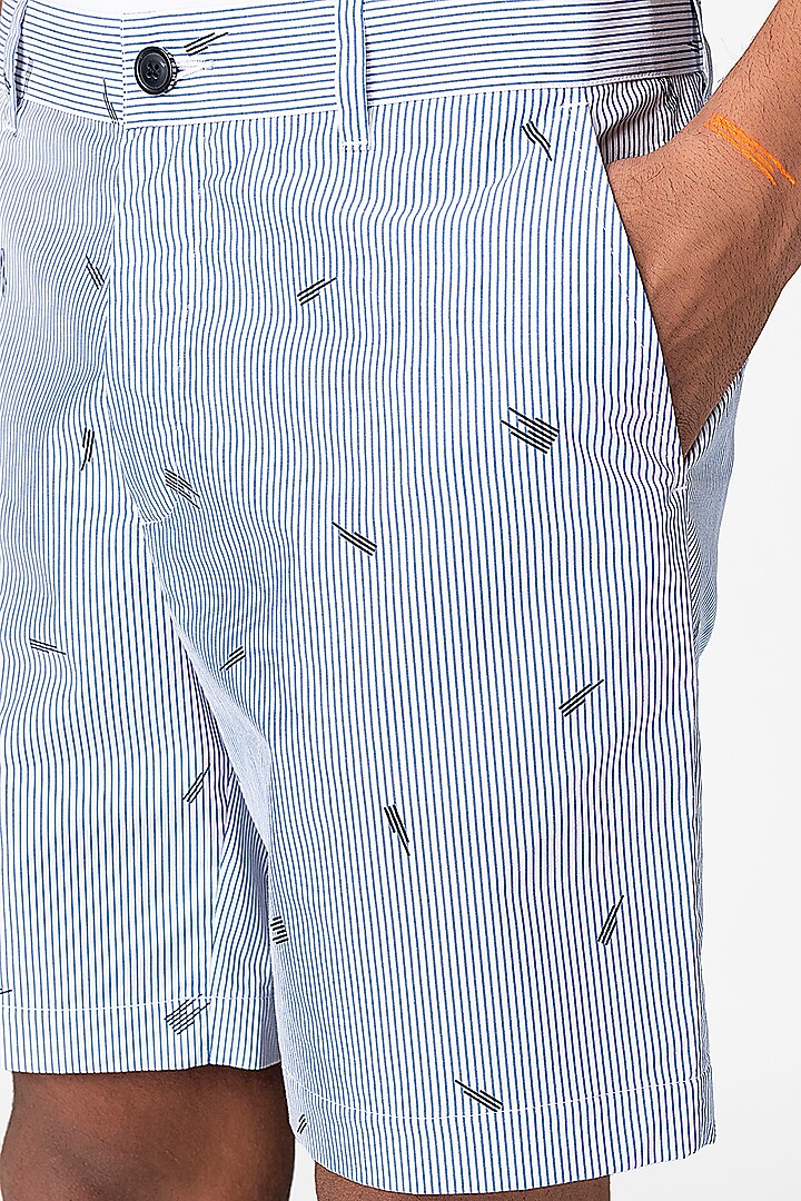 White & Blue Pinstriped Shorts by Genes Lecoanet Hemant Men at Pernia's Pop Up Shop