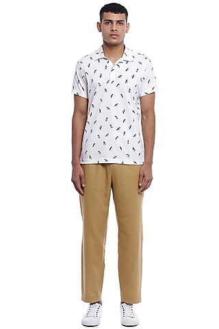 White Printed Polo T-Shirt by Genes Lecoanet Hemant Men