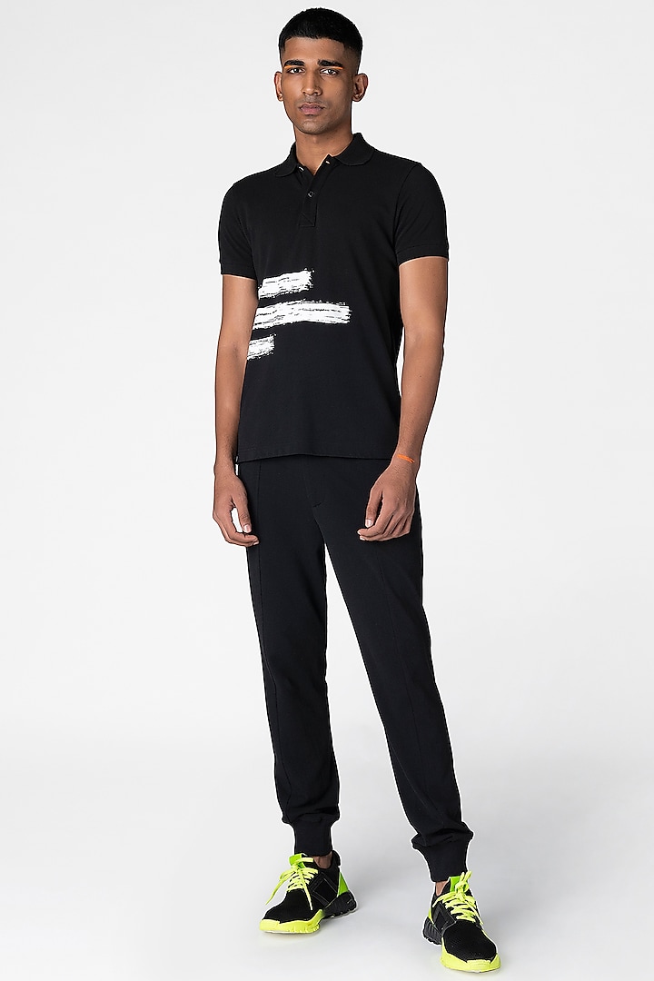 Midnight Black Printed Polo T-Shirt by Genes Lecoanet Hemant Men