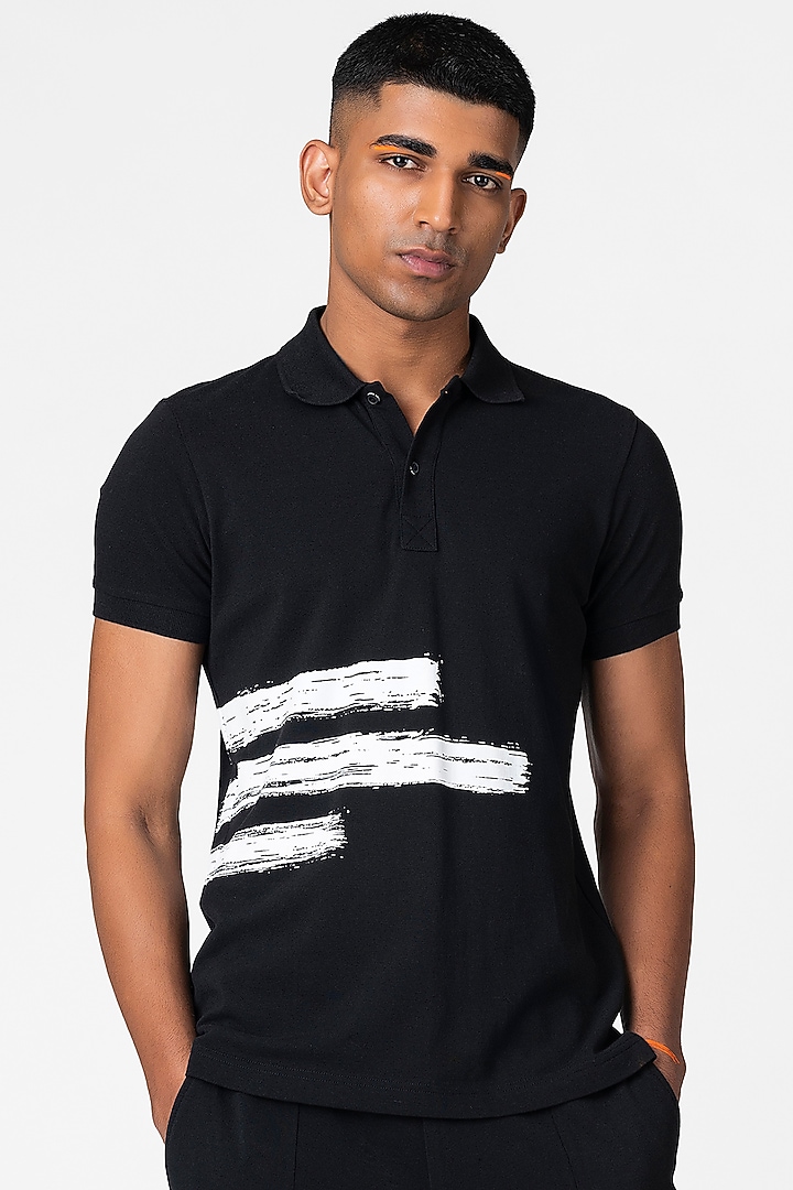 Midnight Black Printed Polo T-Shirt by Genes Lecoanet Hemant Men at Pernia's Pop Up Shop