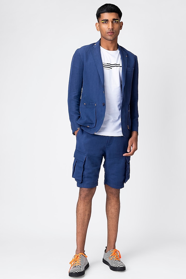 Marine Blue Embroidered Jacket by Genes Lecoanet Hemant Men