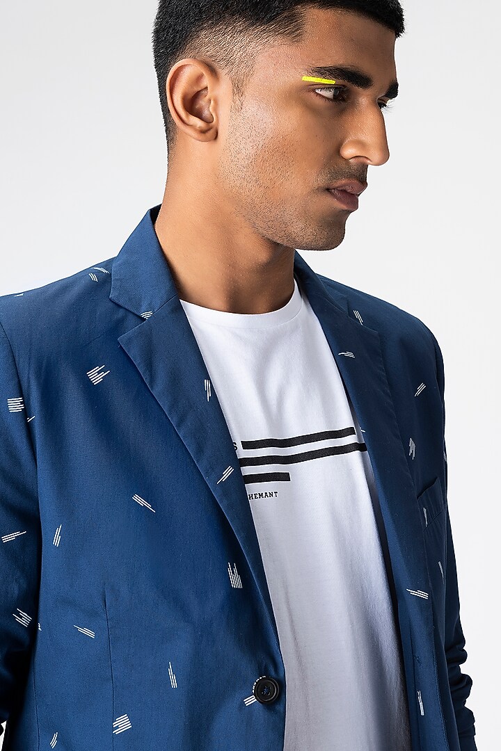 Marine Blue Pinstripes Double-Button Jacket by Genes Lecoanet Hemant Men at Pernia's Pop Up Shop