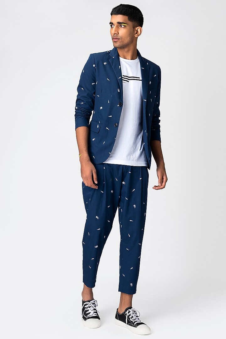 Marine Blue Pinstripes Double-Button Jacket by Genes Lecoanet Hemant Men at Pernia's Pop Up Shop