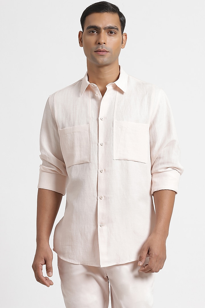Rose Pink Linen Party Wear Shirt by Genes Lecoanet Hemant Men at Pernia's Pop Up Shop