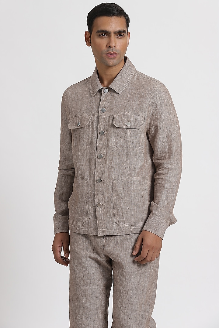 Beige Shirt Jacket With Chambray Look by Genes Lecoanet Hemant Men