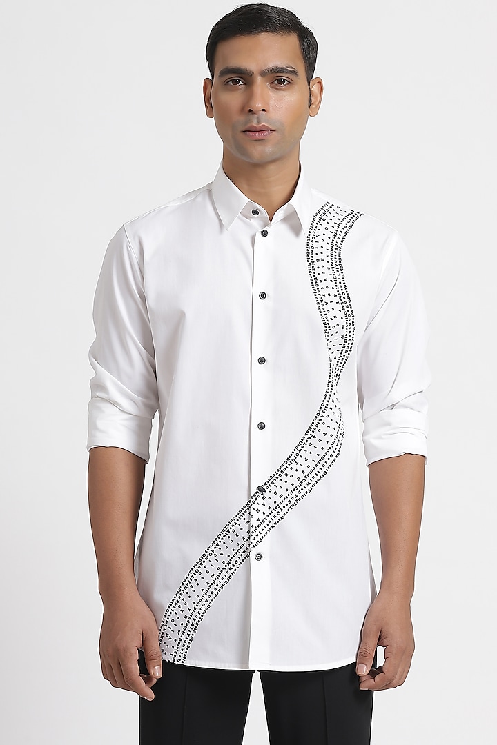 White Cotton Poplin Printed Shirt by Genes Lecoanet Hemant Men