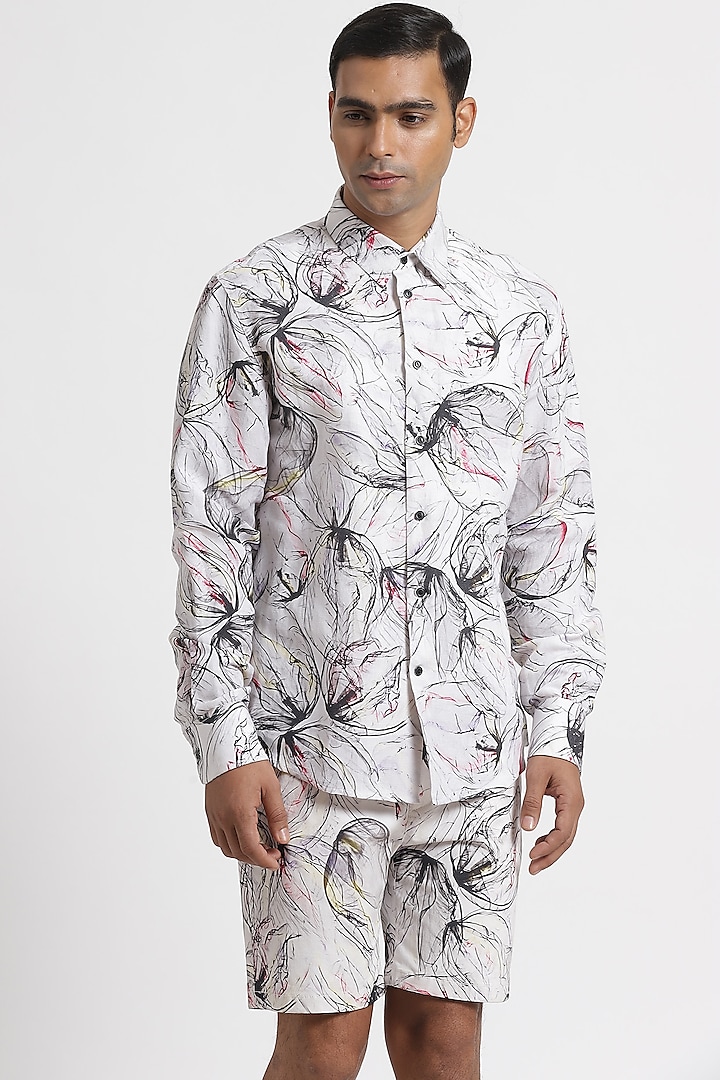 White Floral Printed Shirt by Genes Lecoanet Hemant Men