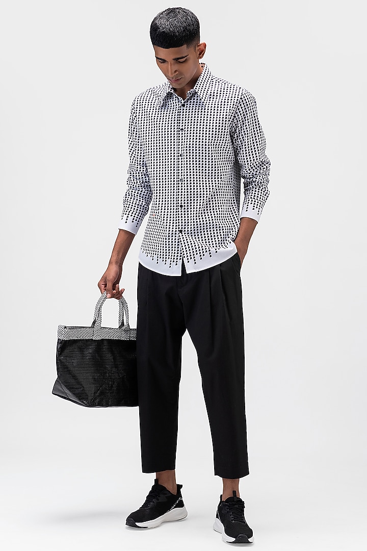 White & Black Cotton Poplin Printed Party Wear Shirt by Genes Lecoanet Hemant Men at Pernia's Pop Up Shop