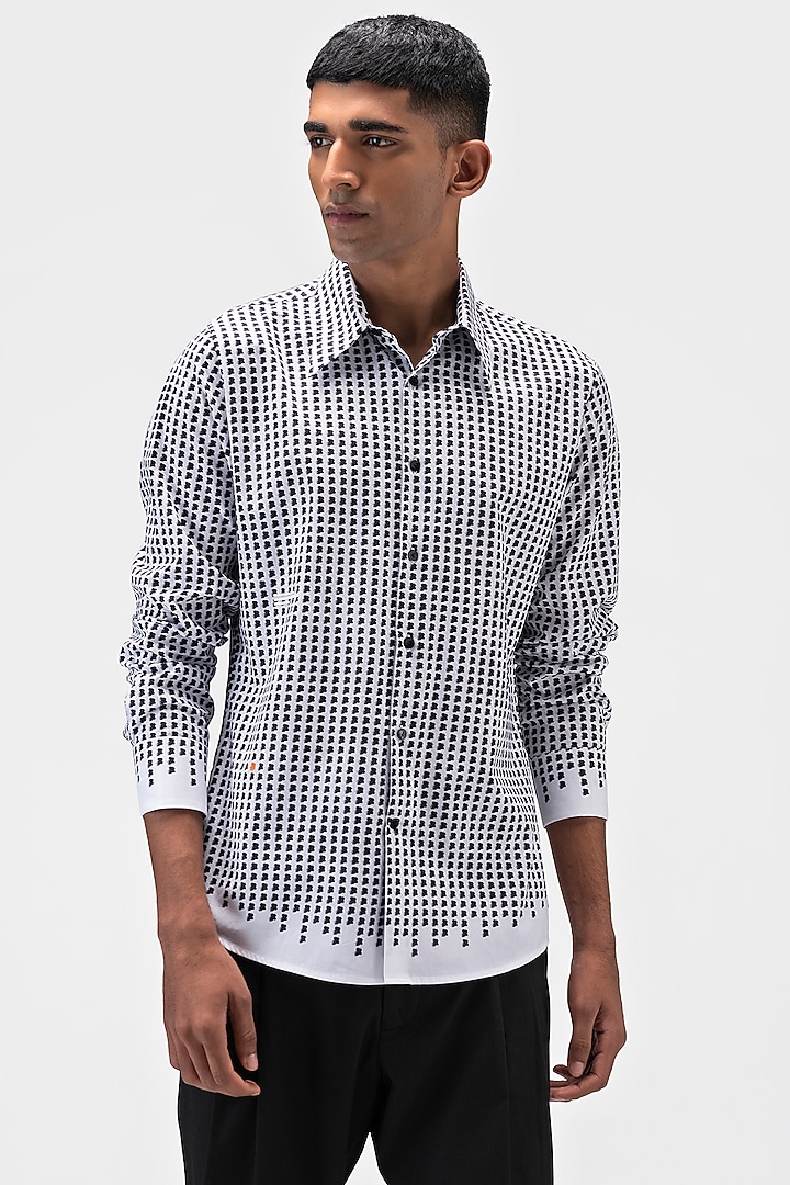 White & Black Cotton Poplin Printed Party Wear Shirt by Genes Lecoanet Hemant Men at Pernia's Pop Up Shop