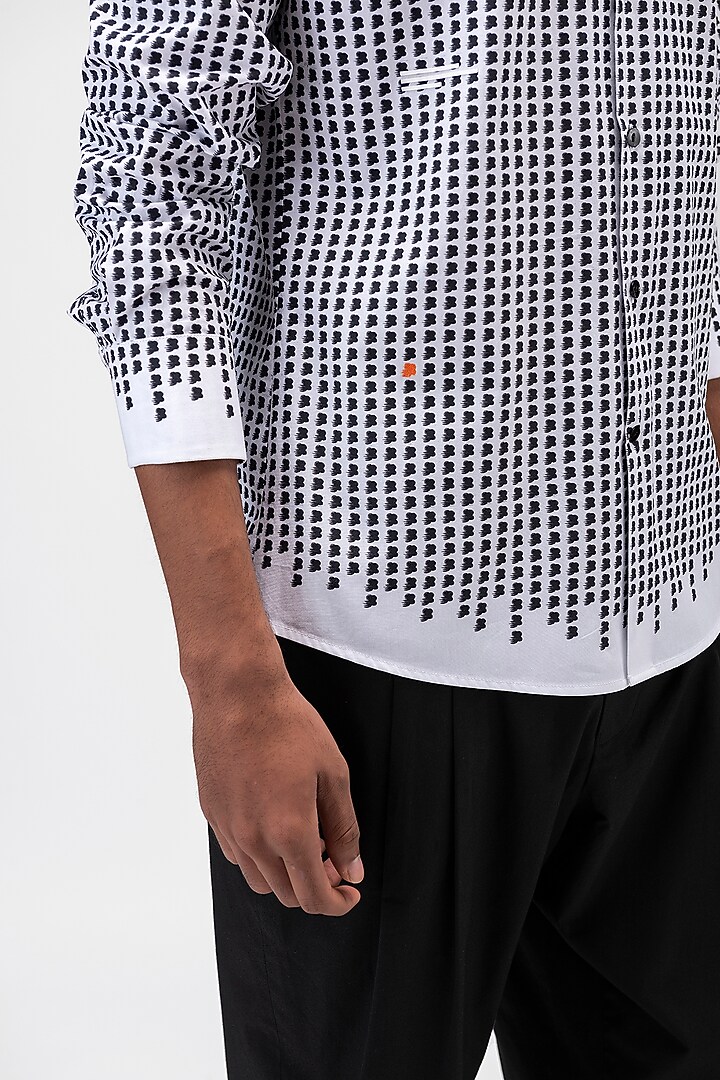 White & Black Cotton Poplin Printed Party Wear Shirt by Genes Lecoanet Hemant Men at Pernia's Pop Up Shop