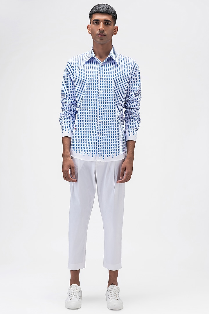 White & Blue Cotton Poplin Printed Party Wear Shirt by Genes Lecoanet Hemant Men at Pernia's Pop Up Shop