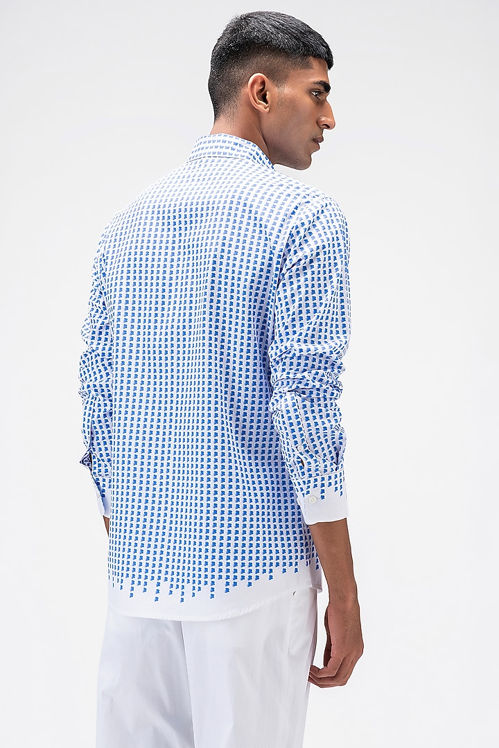 White & Blue Cotton Poplin Printed Party Wear Shirt by Genes Lecoanet Hemant Men at Pernia's Pop Up Shop