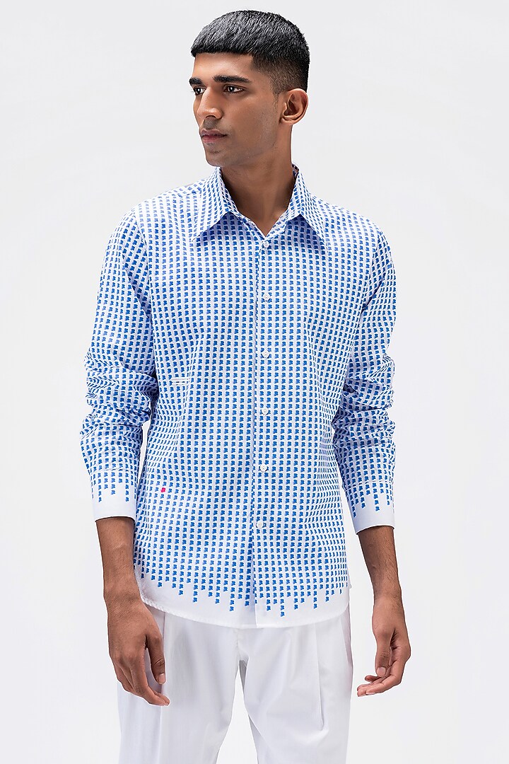 White & Blue Cotton Poplin Printed Party Wear Shirt by Genes Lecoanet Hemant Men at Pernia's Pop Up Shop