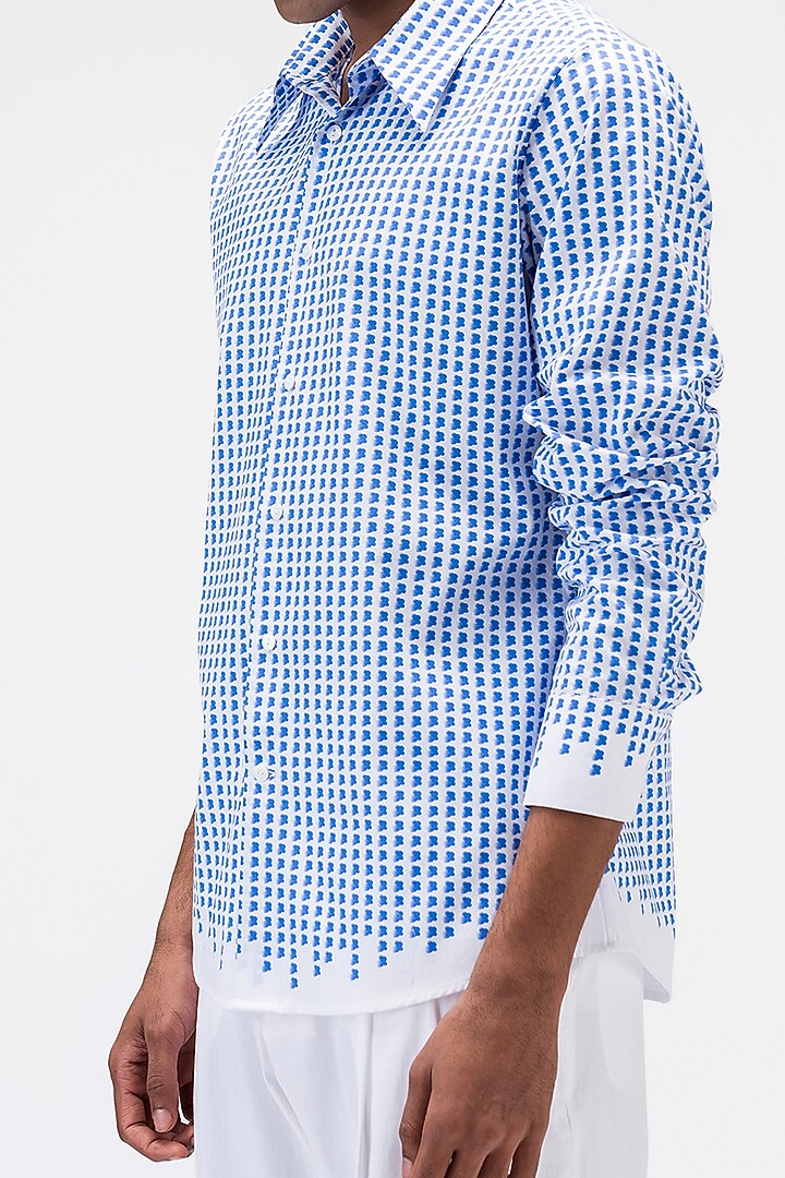 White & Blue Cotton Poplin Printed Party Wear Shirt by Genes Lecoanet Hemant Men at Pernia's Pop Up Shop