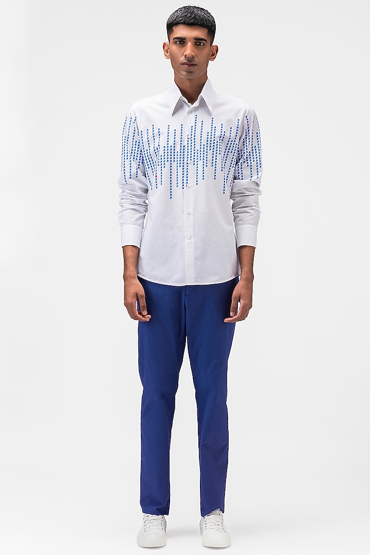 White Cotton Poplin Printed Party Wear Shirt by Genes Lecoanet Hemant Men at Pernia's Pop Up Shop