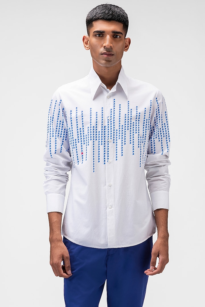 White Cotton Poplin Printed Party Wear Shirt by Genes Lecoanet Hemant Men at Pernia's Pop Up Shop