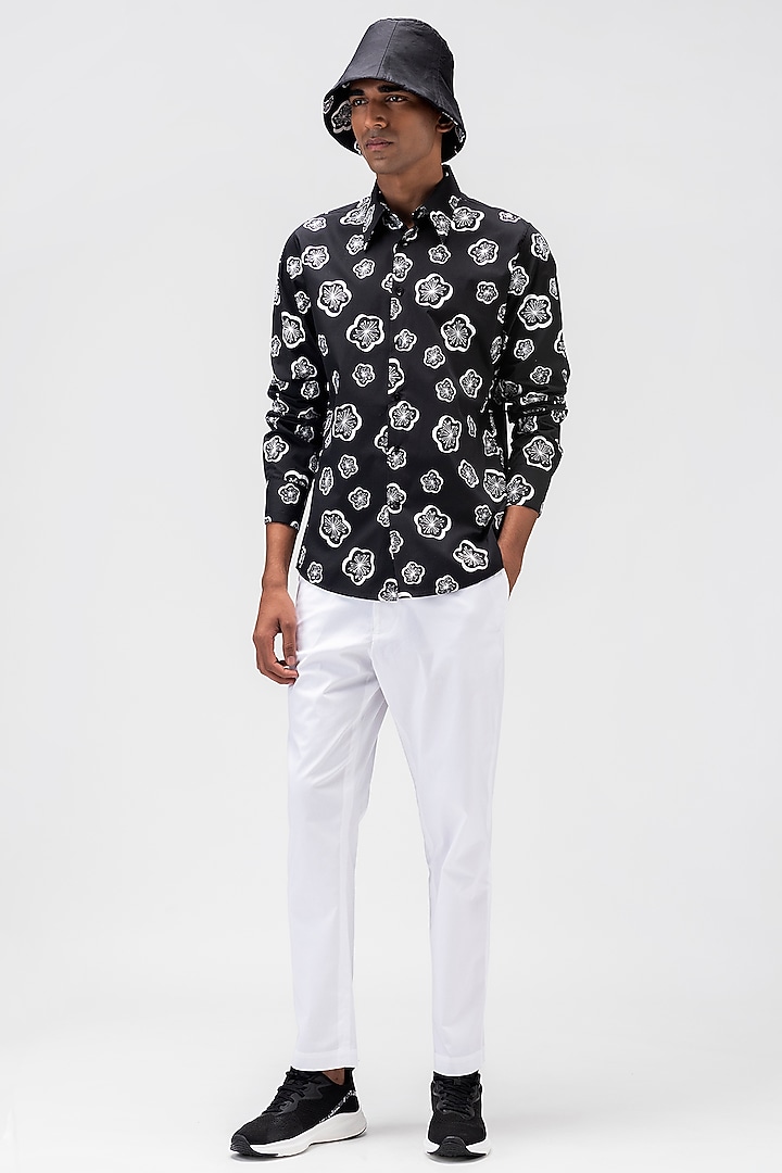 Black Cotton Poplin Printed Party Wear Shirt by Genes Lecoanet Hemant Men at Pernia's Pop Up Shop