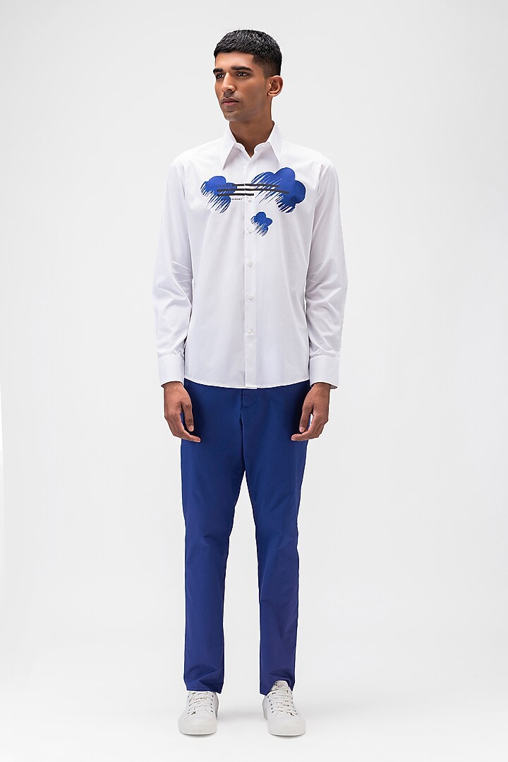 White Cotton Poplin Printed Party Wear Shirt by Genes Lecoanet Hemant Men at Pernia's Pop Up Shop