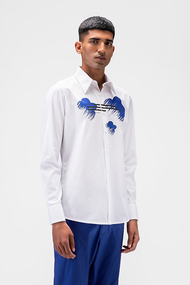 White Cotton Poplin Printed Party Wear Shirt by Genes Lecoanet Hemant Men at Pernia's Pop Up Shop