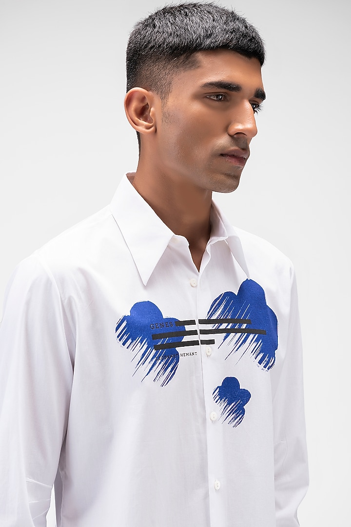 White Cotton Poplin Printed Party Wear Shirt by Genes Lecoanet Hemant Men at Pernia's Pop Up Shop