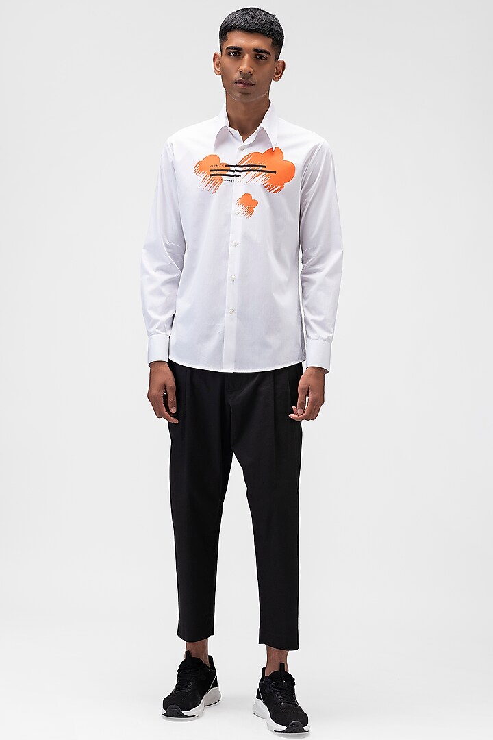 White Cotton Poplin Printed Party Wear Shirt by Genes Lecoanet Hemant Men at Pernia's Pop Up Shop