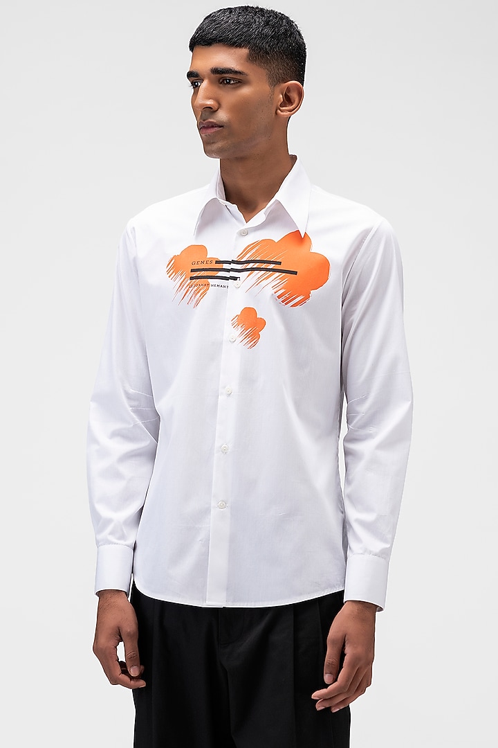 White Cotton Poplin Printed Party Wear Shirt by Genes Lecoanet Hemant Men at Pernia's Pop Up Shop