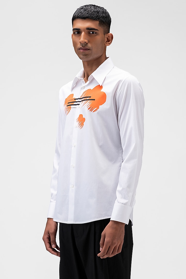 White Cotton Poplin Printed Party Wear Shirt by Genes Lecoanet Hemant Men at Pernia's Pop Up Shop