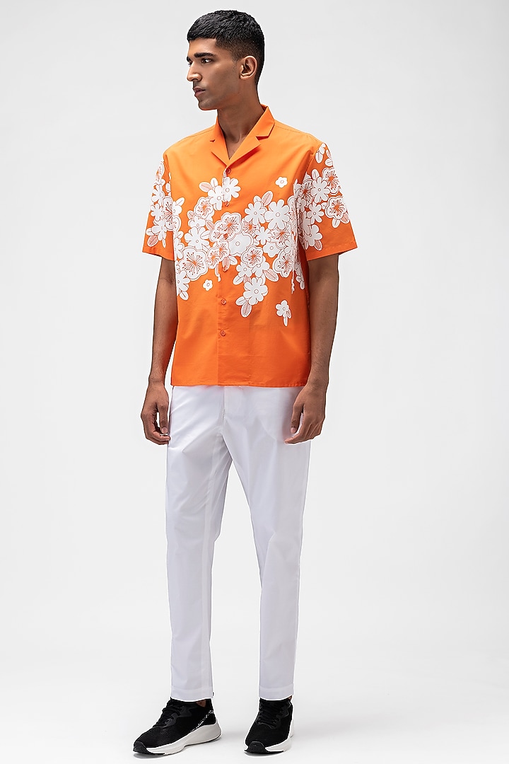 Orange Cotton Poplin Printed Summer Shirt by Genes Lecoanet Hemant Men at Pernia's Pop Up Shop