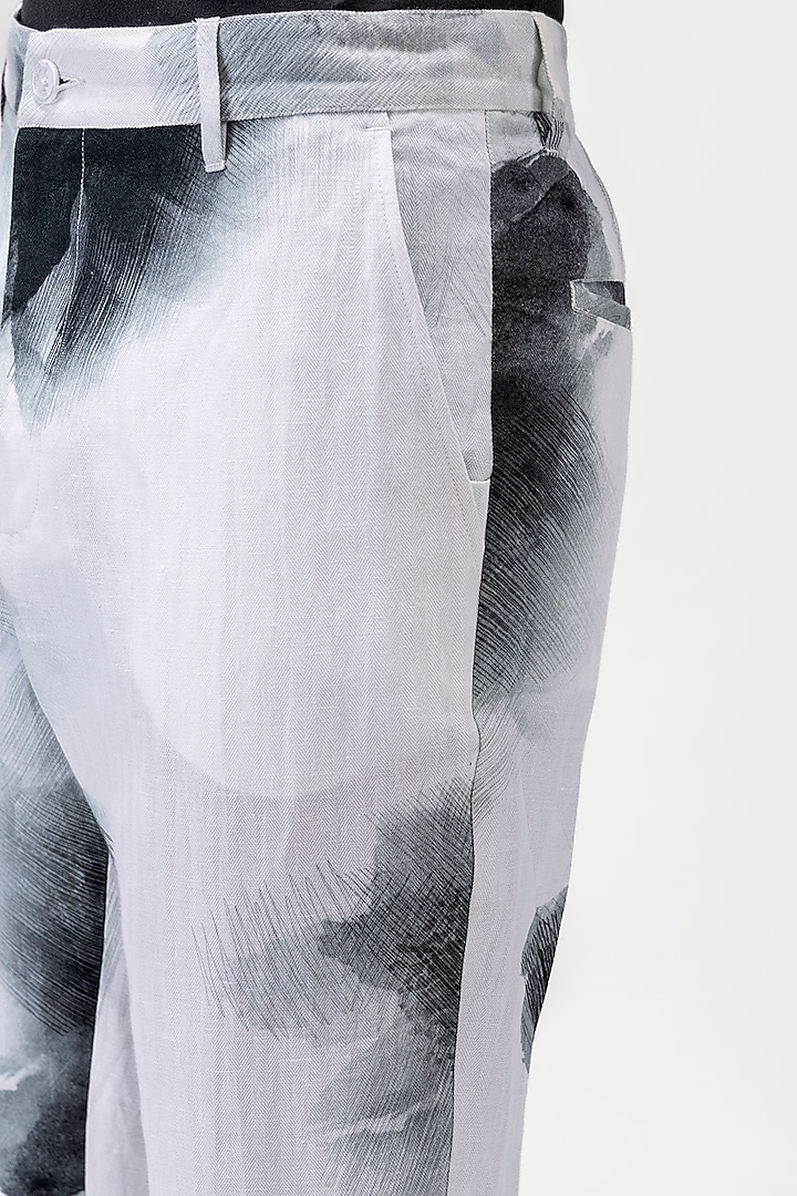 White Linen Herringbone Printed Trousers by Genes Lecoanet Hemant Men at Pernia's Pop Up Shop