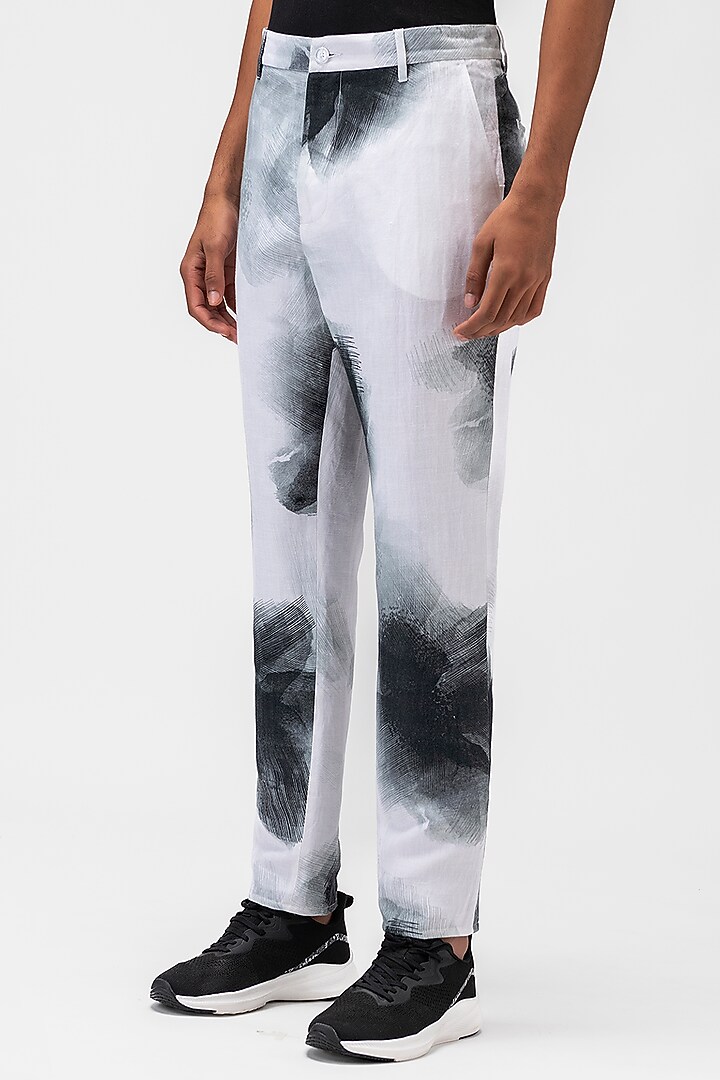 White Linen Herringbone Printed Trousers by Genes Lecoanet Hemant Men at Pernia's Pop Up Shop