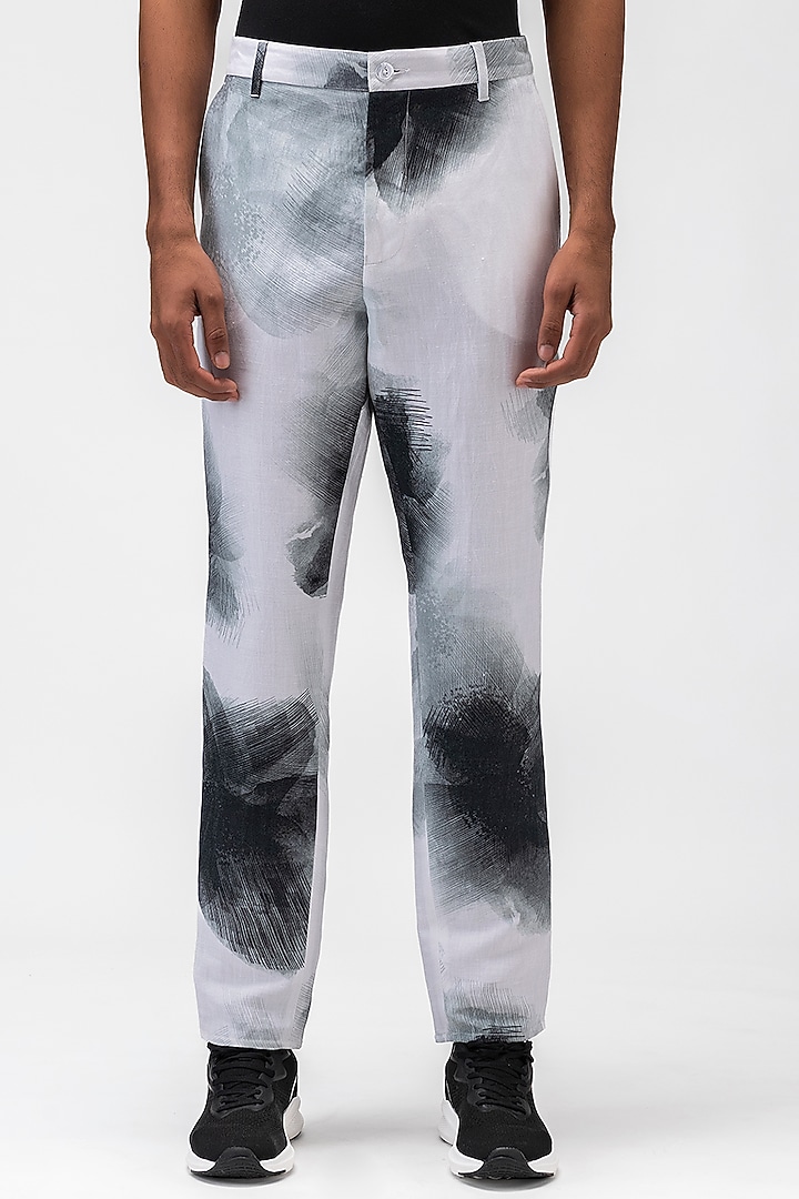 White Linen Herringbone Printed Trousers by Genes Lecoanet Hemant Men at Pernia's Pop Up Shop