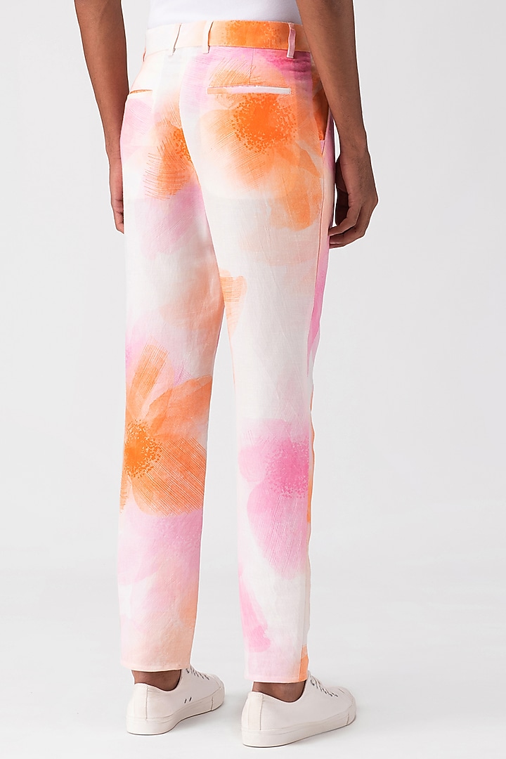 White Linen Herringbone Printed Trousers by Genes Lecoanet Hemant Men at Pernia's Pop Up Shop