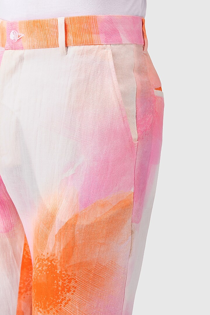 White Linen Herringbone Printed Trousers by Genes Lecoanet Hemant Men at Pernia's Pop Up Shop