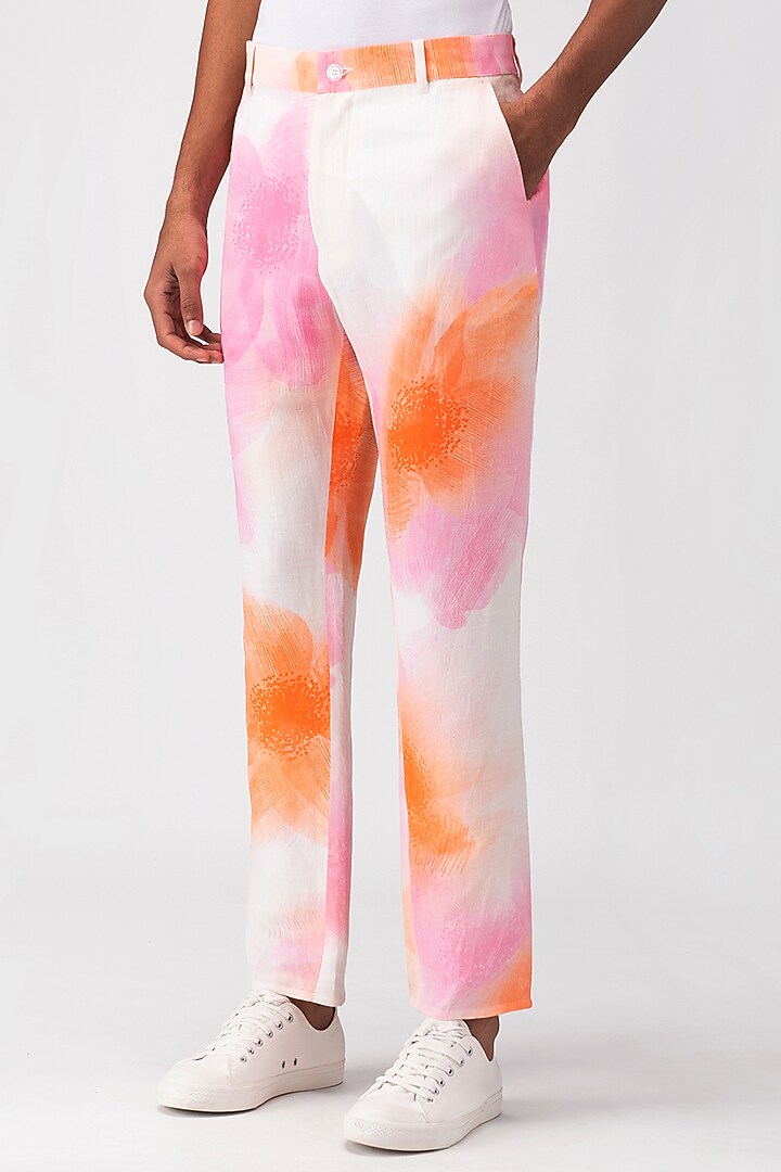 White Linen Herringbone Printed Trousers by Genes Lecoanet Hemant Men at Pernia's Pop Up Shop