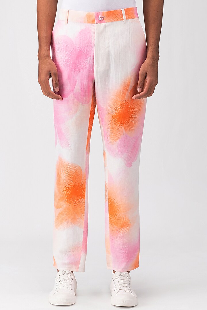White Linen Herringbone Printed Trousers by Genes Lecoanet Hemant Men at Pernia's Pop Up Shop