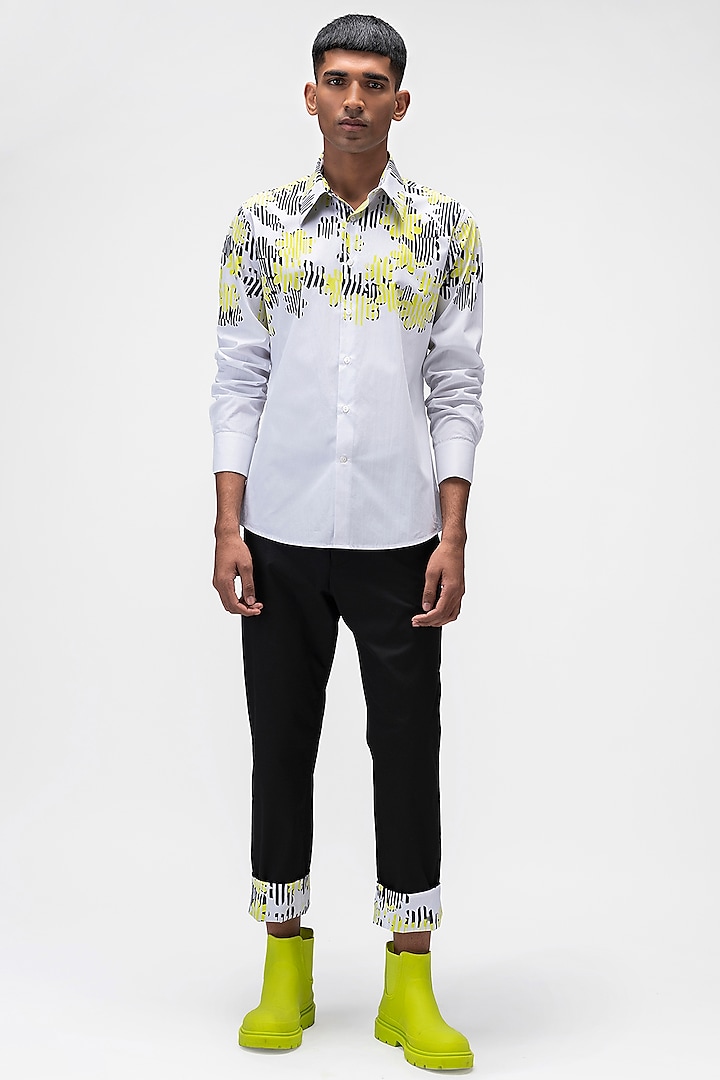 Black Cotton Twill Printed Trousers by Genes Lecoanet Hemant Men