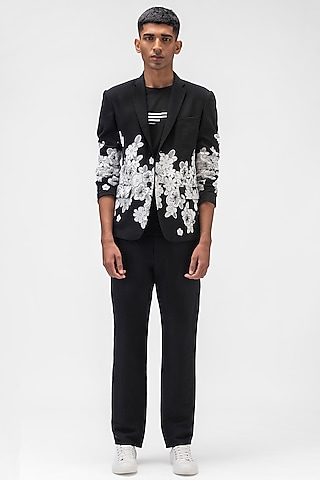 Black Linen Herringbone Trousers by Genes Lecoanet Hemant Men