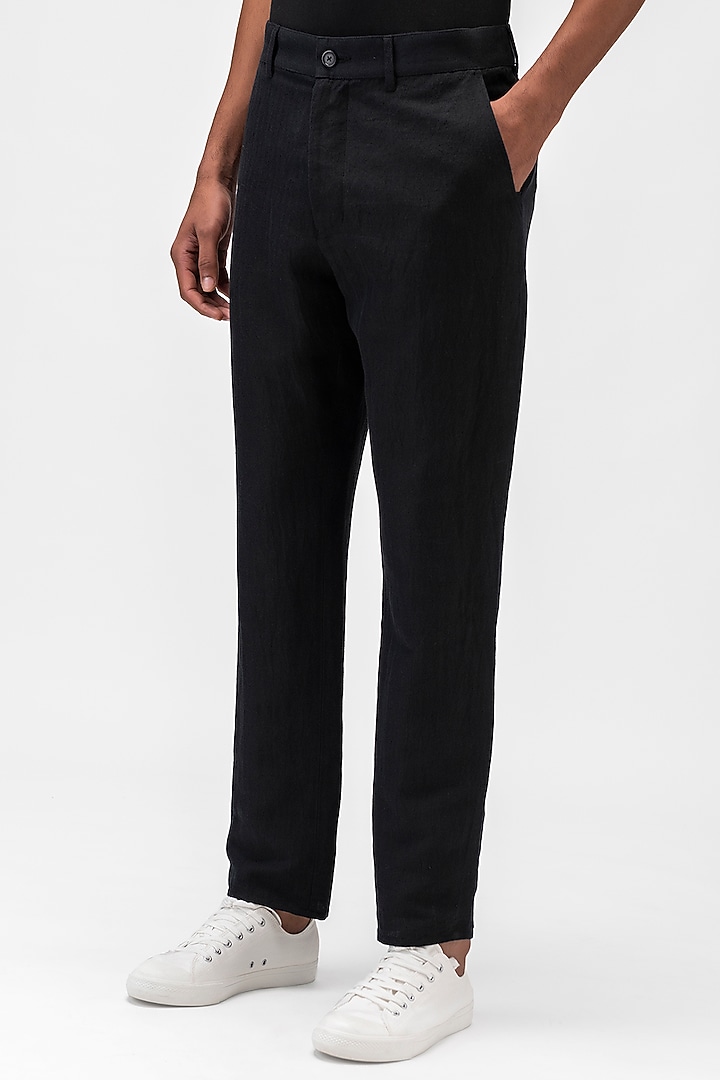 Black Linen Herringbone Trousers by Genes Lecoanet Hemant Men at Pernia's Pop Up Shop