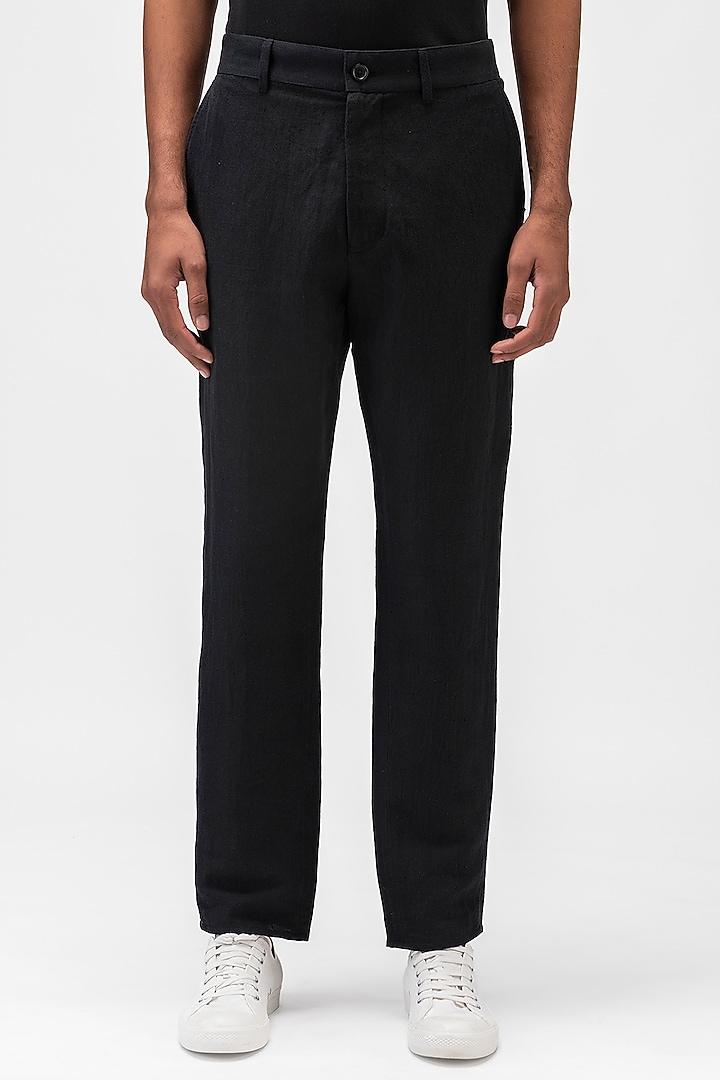 Black Linen Herringbone Trousers by Genes Lecoanet Hemant Men at Pernia's Pop Up Shop