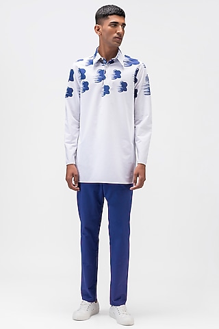Berry Blue Cotton Twill Trousers by Genes Lecoanet Hemant Men
