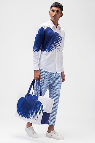 White & Blue Cotton Poplin Printed Trousers by Genes Lecoanet Hemant Men