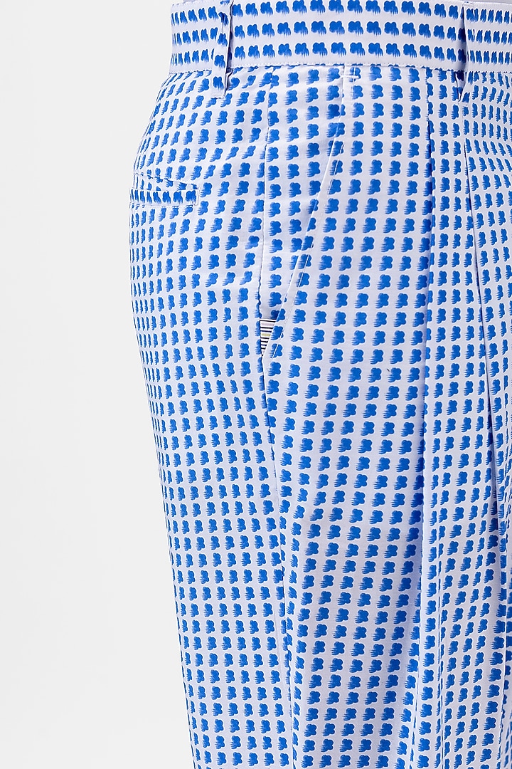 White & Blue Cotton Poplin Printed Trousers by Genes Lecoanet Hemant Men at Pernia's Pop Up Shop