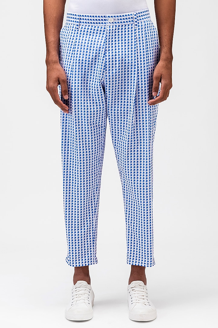 White & Blue Cotton Poplin Printed Trousers by Genes Lecoanet Hemant Men at Pernia's Pop Up Shop