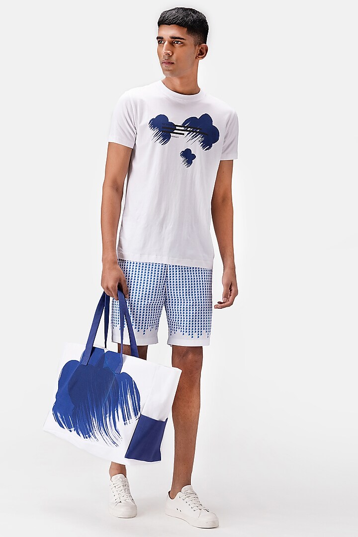 White & Blue Cotton Twill Printed Shorts by Genes Lecoanet Hemant Men