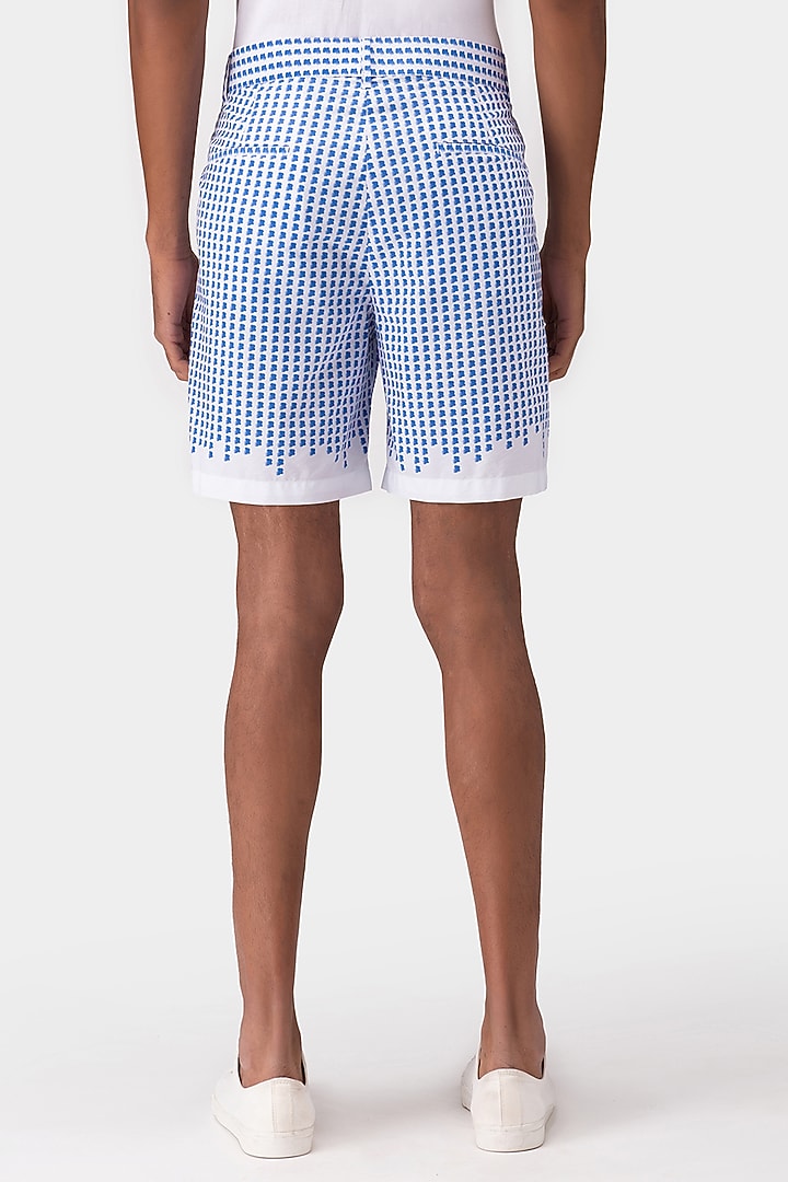 White & Blue Cotton Twill Printed Shorts by Genes Lecoanet Hemant Men at Pernia's Pop Up Shop