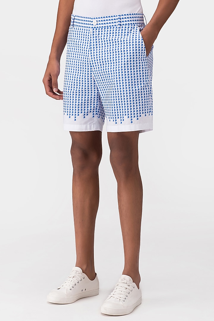 White & Blue Cotton Twill Printed Shorts by Genes Lecoanet Hemant Men at Pernia's Pop Up Shop