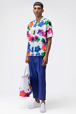 Berry Blue Cotton Twill Trousers by Genes Lecoanet Hemant Men