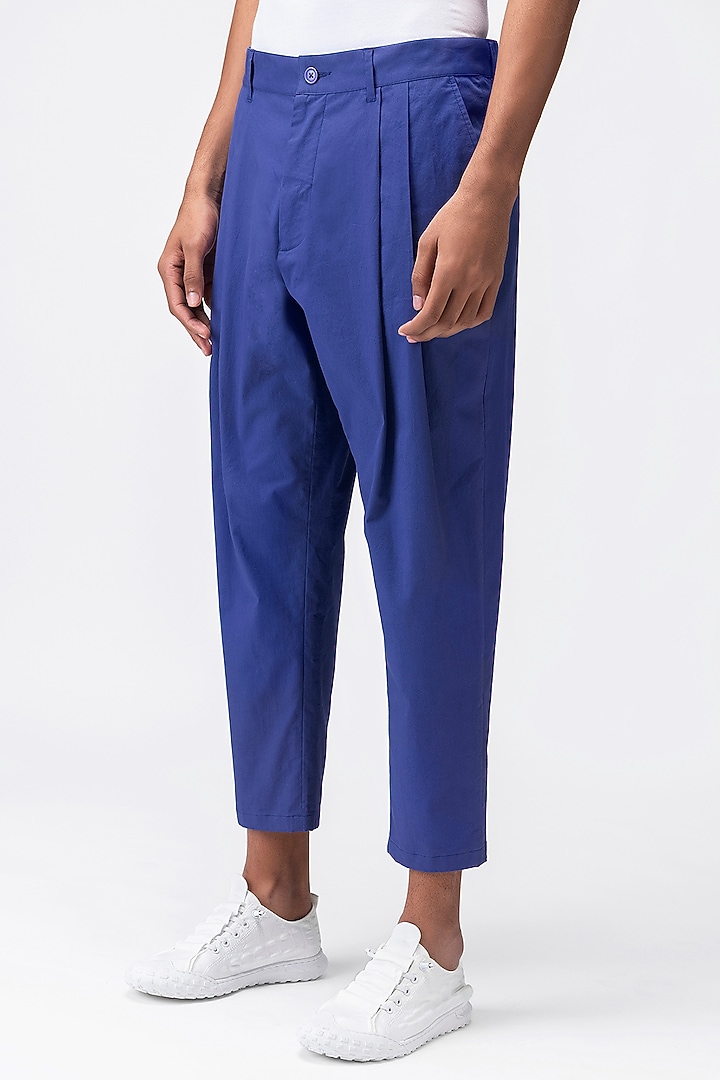 Berry Blue Cotton Twill Trousers by Genes Lecoanet Hemant Men at Pernia's Pop Up Shop