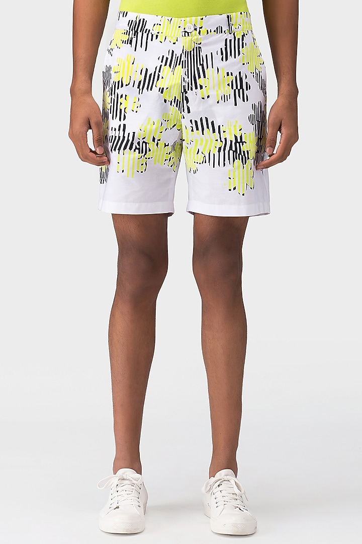 White Cotton Poplin Printed Shorts by Genes Lecoanet Hemant Men at Pernia's Pop Up Shop